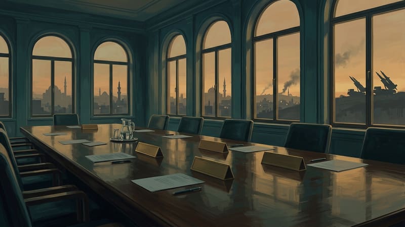 Empty conference table with blank nameplates; dusk city skyline, smoke and air defence launchers beyond the windows