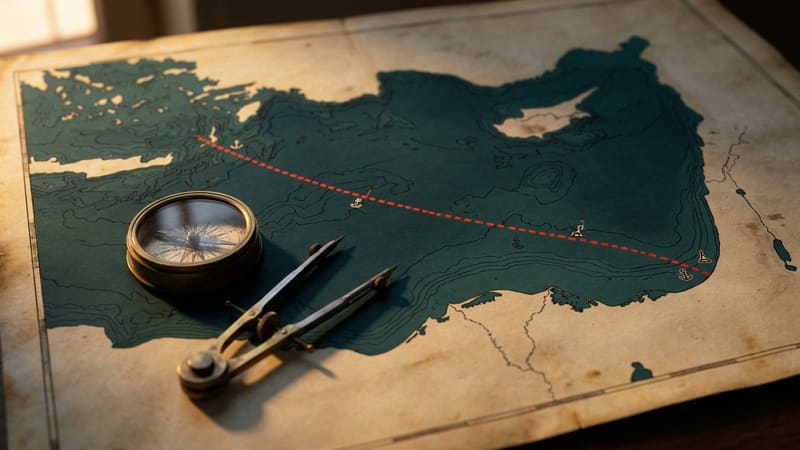 Stylized chart of the eastern Mediterranean with brass compass, dividers and a dotted red line across open sea